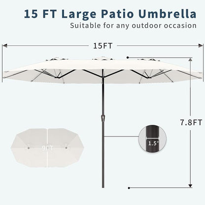 PatioKingdom 15FT Large Patio Umbrella with Base, Double Sided Rectangular Outdoor Umbrella with Sturdy Fiberglass Ribs, Market Umbrella for Pool,Garden,Backyard,Deck (Creamy-white, 15FT)