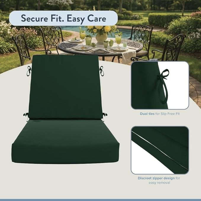 California Umbrella Outdoor Dining Chair, Set of 2 Patio Seat Cushions, 20 x 40 Inch, Premium Outdoor Memory Foam, Fade Resistant, Sunbrella Fabric, Fabric Ties, Forest Green