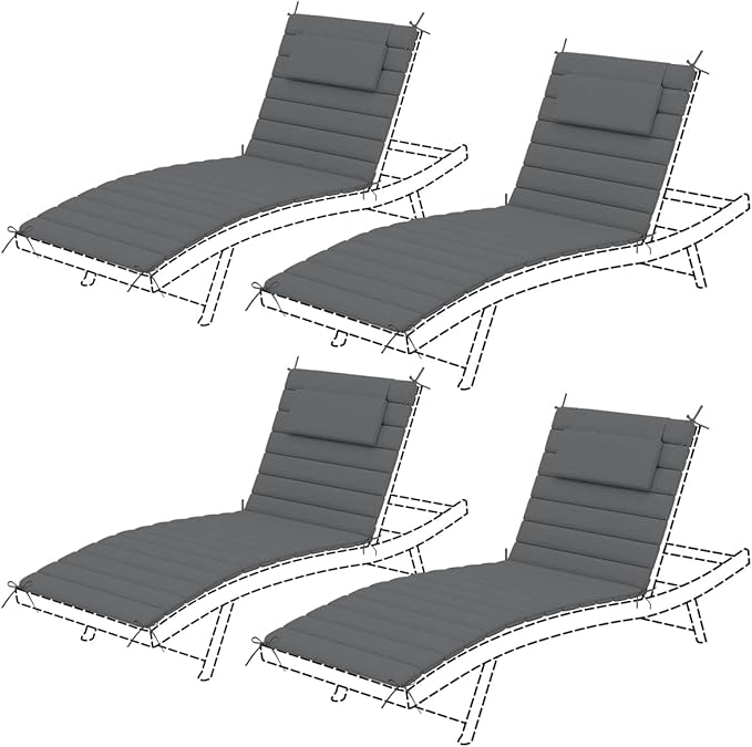 Sundale Outdoor Olefin Quilted Lounge Cushion Set of 4, Patio Foldable Chaise Lounger Cushion, Water-Resistant Lounge Chair Pad with Straps Medium Gray, 80 x 26 inches