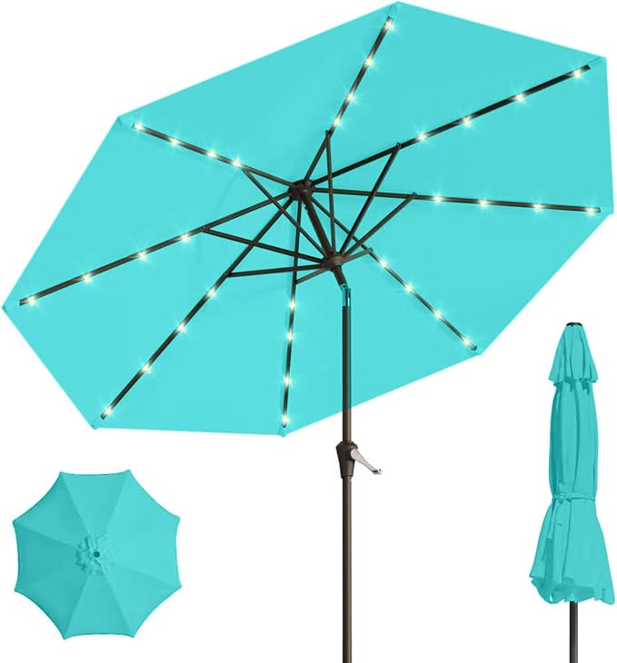 9' Solar LED Patio Umbrella with Tilt & Crank|8 Sturdy Ribs,UV Protection,Outdoor Market Table Umbrella for Deck,Lawn,Pool,Backyard(Peacock Blue)