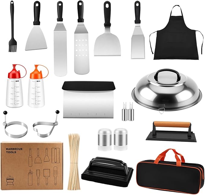 120PCS Griddle Accessories for Blackstone, Premium Stainless Steel Griddle Tool Set with Spatulas, Tongs, Smash Burger Press, Seasoning Bottles, Carry Bag for Camp Chef, Outdoor BBQ