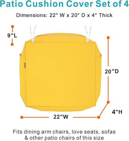 NettyPro Patio Chair Seat Cushion Covers Set 4, Waterproof Outdoor Furniture Cushion Slipcovers with Zipper and Tie, 22 x 20 x 4 Inch, Replacement Cover Only, Yellow