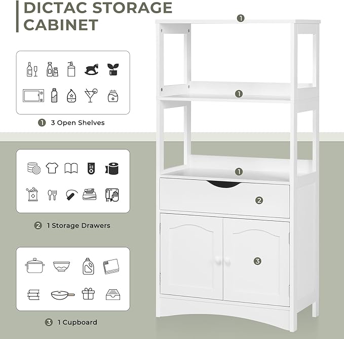 DICTAC Kitchen Pantry Storage Cabinets with Shelves,Drawer and Doors,Microwave Cart with Storage,Freestanding Floor Sideboard Cabinet with Microwave Space,Bookshelf,Display Unit for Home,White
