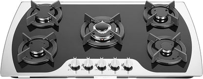 5 Burners Gas Stove, Al-alloy Built-In/Countertop Gas Cooktop with Electric Ignition and Tempered Glass Panel, 2000Pa LPG/NG Cooktop Stove for Kitchen Apartment