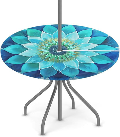 Glowing Mandala Outdoor Round Fitted Tablecloth with Umbrella Hole and Zipper, 36"-44" Elastic Patio Table Cloth Oil-Proof Waterproof Patio Table Cover for Picnic Party Camping