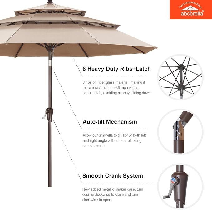 ABCCANOPY 9FT 3-Tier OLEFIN® Patio Umbrella, 5-Year No Fading, Light Beige | Heavy Duty Fade-Resistance Outdoor Table Umbrella, 8 Sturdy Ribs, Tilt, Crank for Deck, Backyard, Garden, Yard, Pool