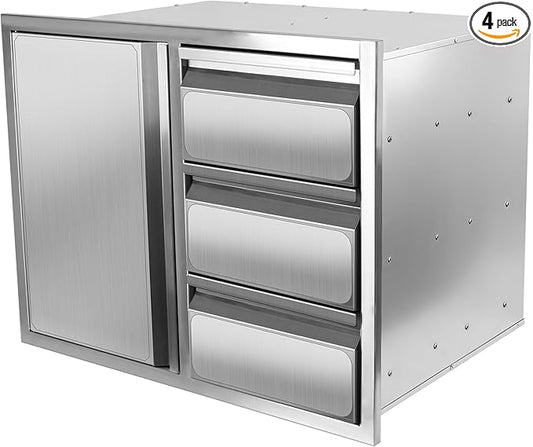 Outdoor Kitchen Drawer Combo, Stainless Steel Sealed Storage Combo with Triple Drawer, Outdoor Kitchen for BBQ Island, Grilling Station, Outside Cabinet (27.8" W x 21.8" D x 19.6" H)（Right Drawer）