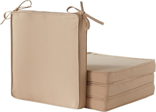 Outdoor 18 inch Square Patio Dining Chair Pads – Comfortable Fiber-Filled Seat Cushions with Ties, Reversible Polyester Fabric - Stone, Set of 4