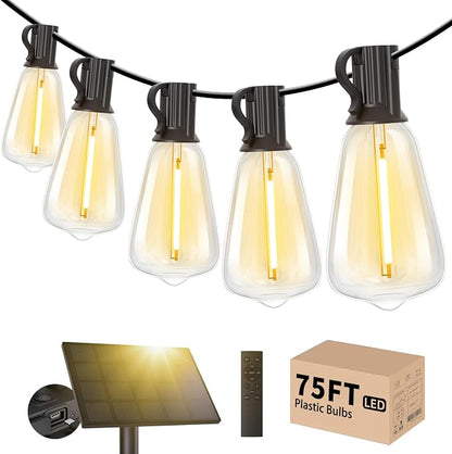 Svater Solar Outdoor String Lights 75 FT, ST38 Patio Lights Shatterproof Dimmable Vintage Edison Bulbs, Solar Powered Weatherproof Light for Patio, Backyard, Garden, Bistro, Warm White