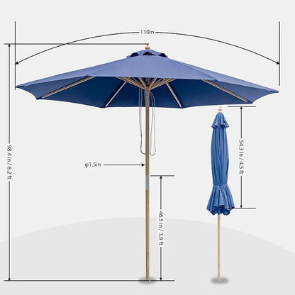 9FT/10FT Wood Patio Umbrella, Large Outdoor Table Pool Umbrella | 205G Olefin/180G Polyester Fabric, Push-Pull Operation Market Umbrella, 8 Rib Vented Canopy, Ideal for Patio, Backyard