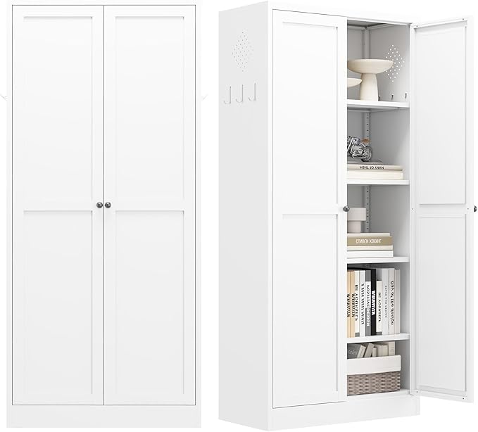 Metal Pantry Cabinet, Kitchen Pantry Storage Cabinets with 2 Door and 4 Adjustable Shelves, Utility Metal Storage Cabinet for Home, Living Room, Pantry (White)