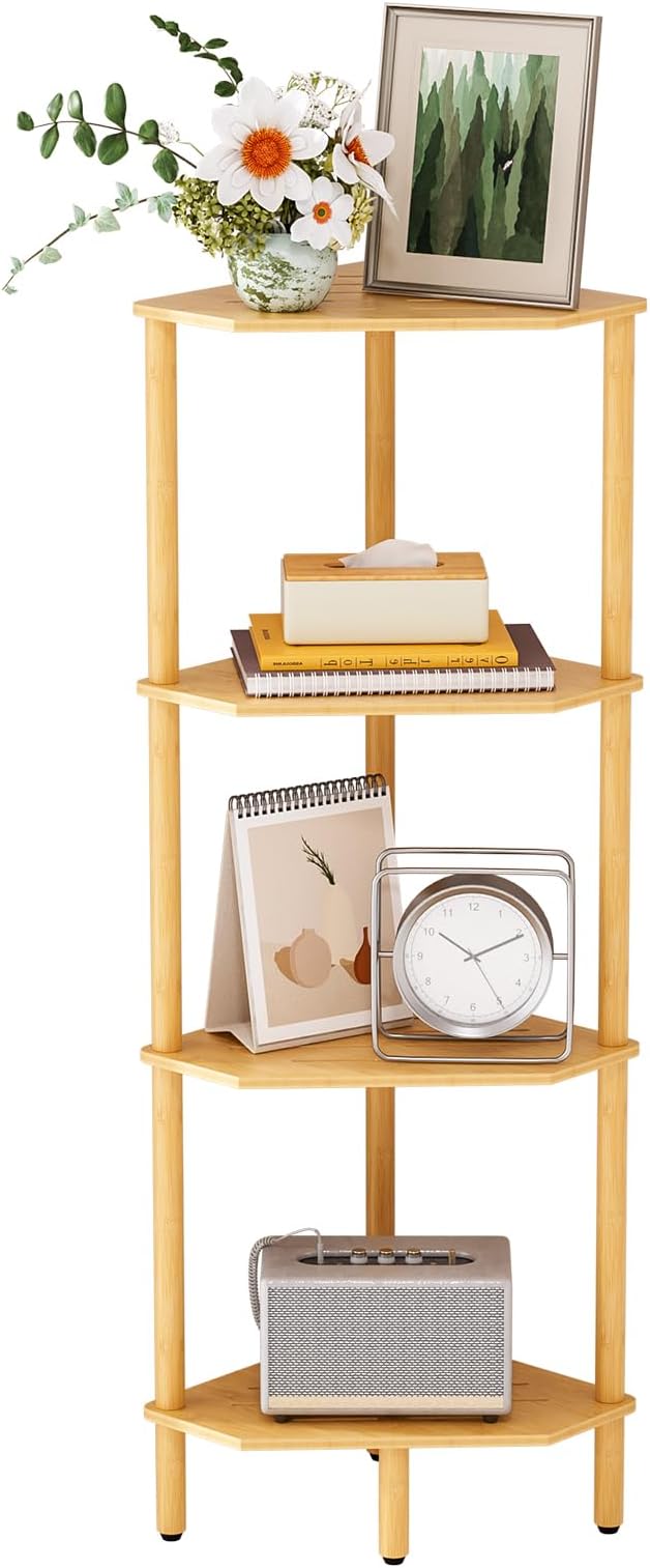 Corner Shelf Stand, 4 Tier Bamboo Corner Organizer, Narrow Tall Bookcase, Corner Shower Caddy, Plant Display Shelf, Open Storage Shelves for Living Room, Kitchen, Office, Balcony, Bathroom