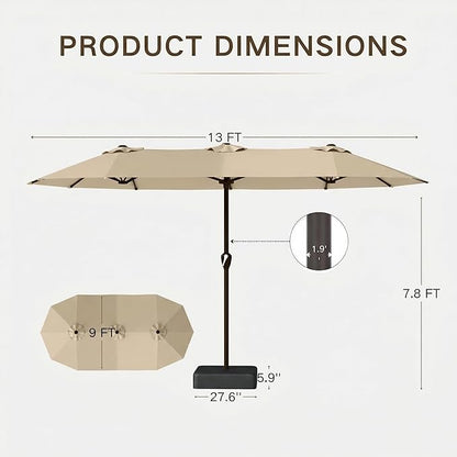 Kingdura 13ft Large Patio Umbrella with Base Included, Double-Sided Rectangle Outdoor Table Umbrella with 12 Reinforced Ribs, Crank Lift for Market Pool Deck Backyard, Beige