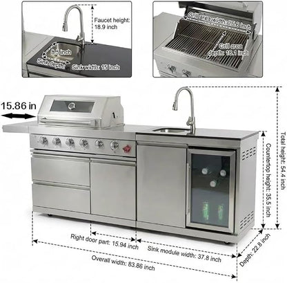 84" Outdoor Kitchen Island with 5-Burner 75,300 BTU Gas Grill,Rotisserie Oven,Mini Wine Fridge,Side Burner,Sink & Side Shelf.Included Natural Gas Converter,Movable BBQ Island for Patio & Backyard.
