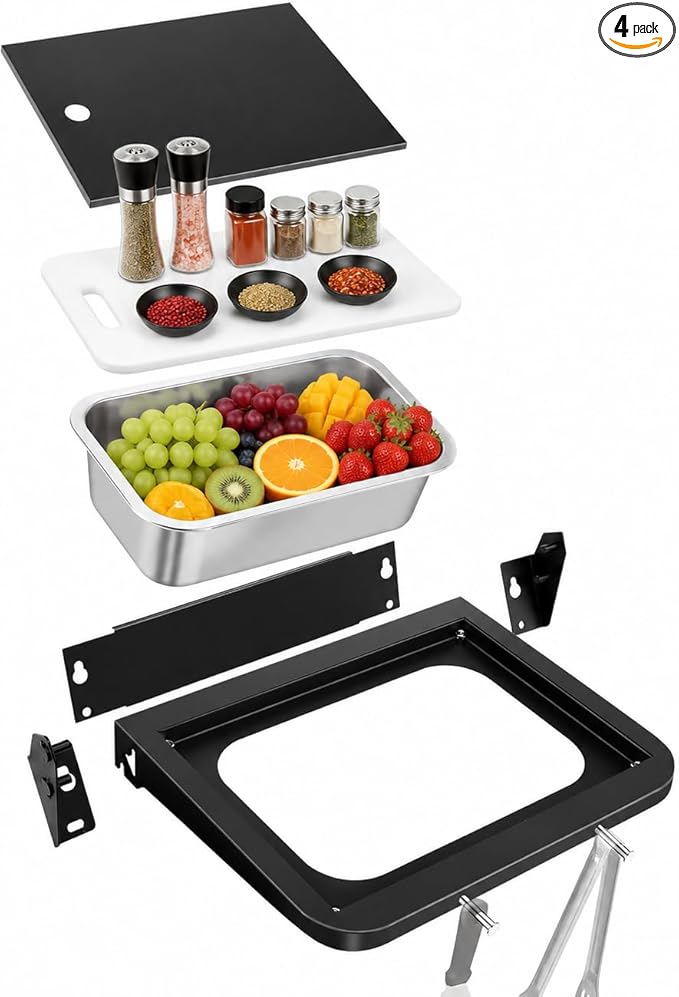 QuliMetal Grill Side Table for Weber Searwood 600 and 600XL, Foldable BBQ Prep Shelf with Cutting Board, Stainless Steel Basin, Lid and 2 Hooks, Side Shelf Grill Accessory