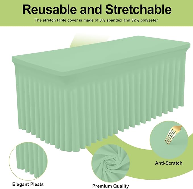 Smiry Spandex Elastic Fitted Table Cloth Skirt for 4FT Rectangle Table | Stretch Washable Table Cloth, Banquet Table Cover for Wedding, Party, Indoor & Trade Shows, (Light Green, 48Lx24Wx30H)