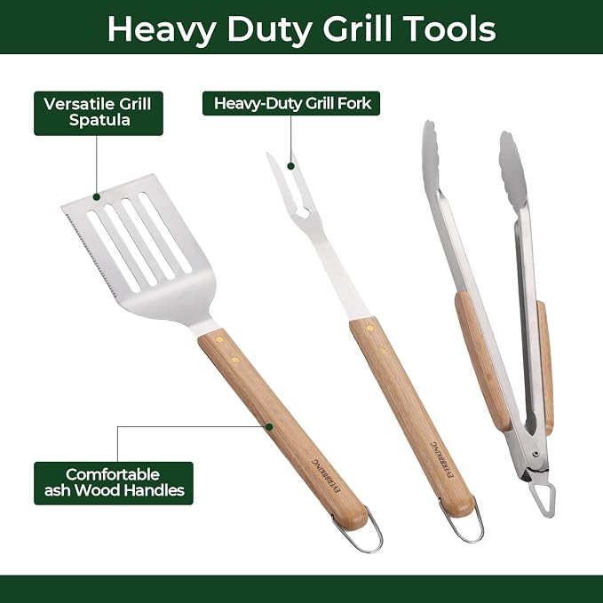 3Pc Wooden BBQ Tool Set, Heavy Duty Spatula, Fork & Tongs | Includes a versatile spatula, heavy-duty fork, and locking tongs for professional barbecuing