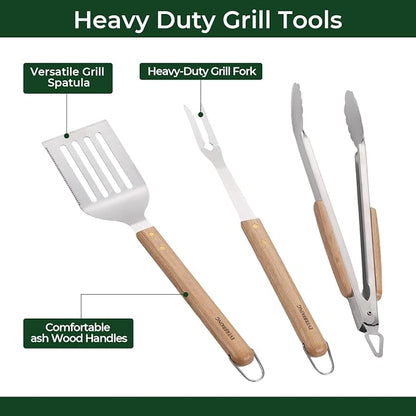 3Pc Wooden BBQ Tool Set, Heavy Duty Spatula, Fork & Tongs | Includes a versatile spatula, heavy-duty fork, and locking tongs for professional barbecuing