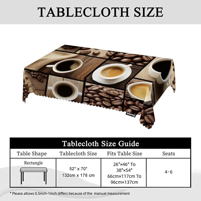 Swono Tablecloth Coffee Collage, Black Coffee Mugs Beans On Wooden Table Table Cloth for Kitchen Dining Tabletop Decoration Parties Weddings, 52 X 70 Inch Rectangle Tablecloth