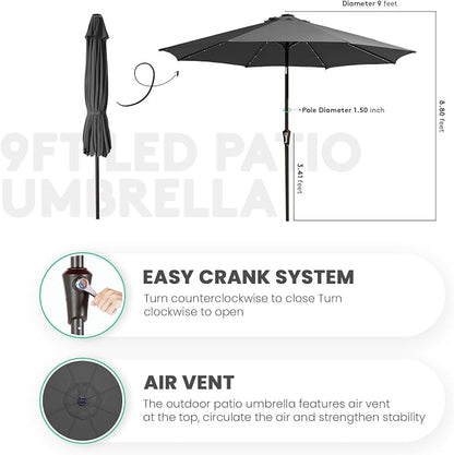 JEAREY 9FT Outdoor Patio Umbrella with Solar Lights, LED Lighted Pool Umbrella with Tilt and Crank, Outdoor Table Umbrellas for Deck, Yard & Market (Grey)