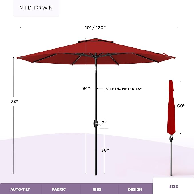 Midtown Umbrellas – The Lean 10 Ft Patio Umbrella with 10-Year-No-Fade Acrylast Acrylic Fabric, Auto-Tilt and 8 Reinforced Ribs for Deck, Pool, Garden, Hotel & Cafes – Regatta Red Canopy, Black Pole