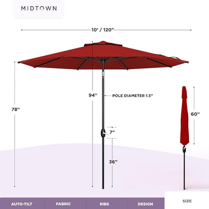 Midtown Umbrellas – The Lean 10 Ft Patio Umbrella with 10-Year-No-Fade Acrylast Acrylic Fabric, Auto-Tilt and 8 Reinforced Ribs for Deck, Pool, Garden, Hotel & Cafes – Regatta Red Canopy, Black Pole