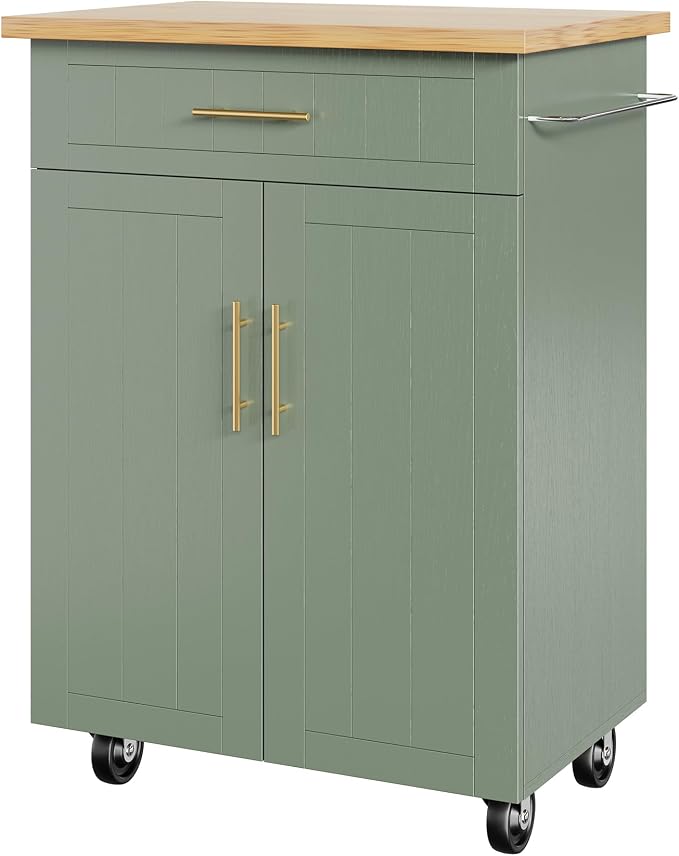 Shintenchi Kitchen Island cart with Storage, Portable Bar Cabinet on Wheels, Rolling Microwave Cart Side Table with Workstation for Kitchen, Dinning Room, Green