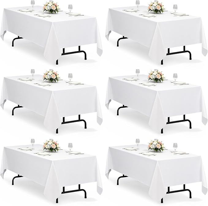 Decorelia White Table Cloths for 8 Ft Rectangle Tables-6 Pack, Faux Linen Washable Polyester Rustic Fabric Faux Linen Table Cloth Cover for Wedding,Outdoor,Events, Party,Banquet, Dining, 60x120 Inch