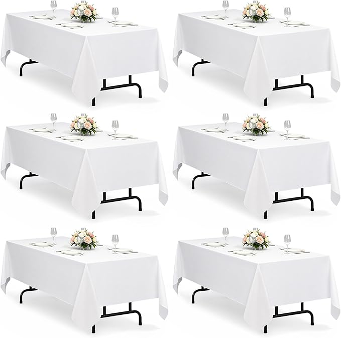 Decorelia Faux Linen White Table Cloths for 4 Ft Rectangle Tables-6 Pack, Washable Polyester Rustic Fabric Faux Linen Table Cloth Cover for Wedding,Outdoor,Events, Party,Banquet, Dining, 60x84 Inch
