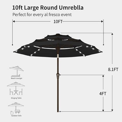 Kingdura 9ft 3-Tier Patio Umbrella with Solar Lights, Table Umbrella Outdoor Patio with Easy Crank & Tilt, 8 Sturdy Ribs, UV Protection, 32 LED Lights for Deck, Poolside, Market (Black)