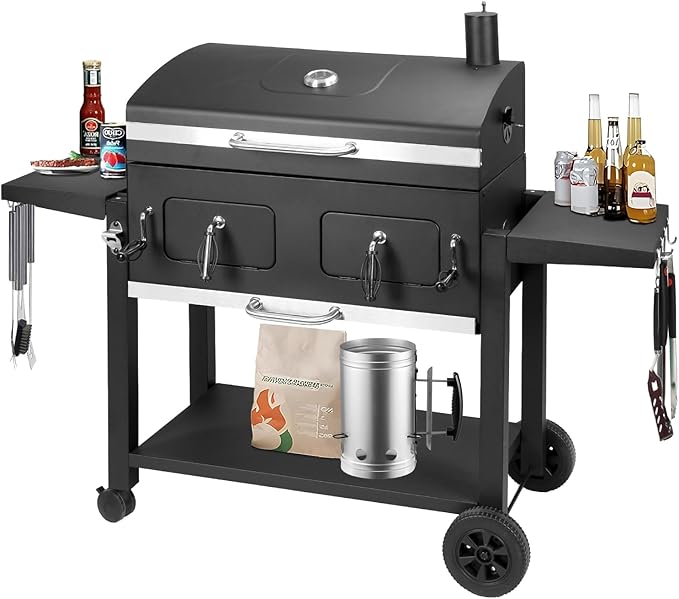 Charcoal Grill Outdoor BBQ Grill, Extra Large Cooking Area 753 Square Inches with Two Individual & Adjustable Charcoal Tray, Foldable Side Tables for Outdoor Cooking Backyard Camping Picnics By DNKMOR
