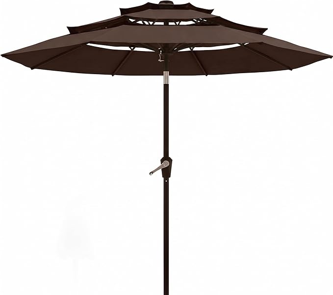 10FT Patio Umbrella 3 Tiers Outdoor Market Umbrella w/Push Button Tilt, Crank, UV and Waterproof Table Umbrella for Garden, Pool, Backyard, Deck, Lawn, Brown