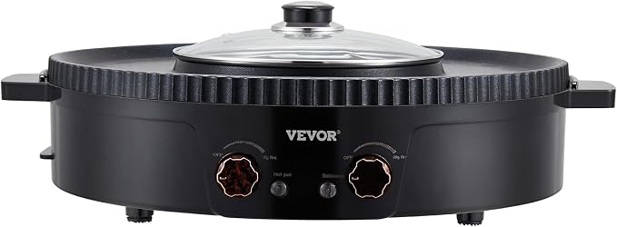 VEVOR Hot Pot with Grill, 1800W 2-in-1 Electric Smokeless Grill and Hot Pot, Korean BBQ Shabu Shabu Hotpot with Separate Dual Temperature Control, Non-stick Pan, for 2-8 People Family Dining