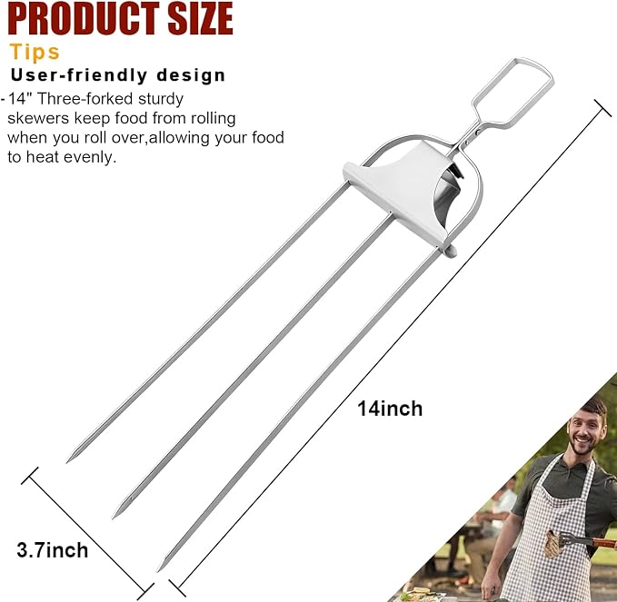 SHIKORI 3 Way Kabob Skewer, 14'' Stainless Steel Barbecue Fork-4 Pcs | Kabob Sticks With Push Bar Reusable Metal Skewer for Outdoor BBQ