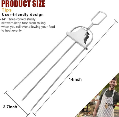 SHIKORI 3 Way Kabob Skewer, 14'' Stainless Steel Barbecue Fork, 2 Pcs | Kabob Sticks With Push Bar Reusable Metal Skewer for Outdoor BBQ