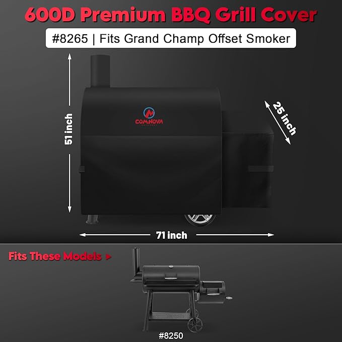 Comnova Grill Cover for Char Griller Grand Champ Charcoal Grill - 600D Outdoor Grill Cover for Charcoal Grill Waterproof & Heavy Duty, Fits 8250 Grand Champ Offset Smoker - 71"L x 25"W x 51"H (8265)