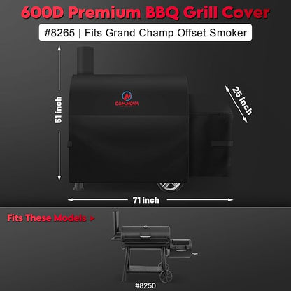 Comnova Grill Cover for Char Griller Grand Champ Charcoal Grill - 600D Outdoor Grill Cover for Charcoal Grill Waterproof & Heavy Duty, Fits 8250 Grand Champ Offset Smoker - 71"L x 25"W x 51"H (8265)