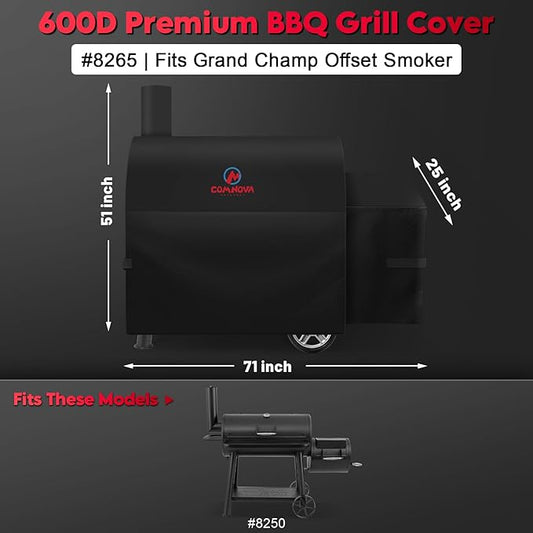 Comnova Grill Cover for Char Griller Grand Champ Charcoal Grill - 600D Outdoor Grill Cover for Charcoal Grill Waterproof & Heavy Duty, Fits 8250 Grand Champ Offset Smoker - 71"L x 25"W x 51"H (8265)