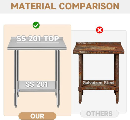ROCKPOINT All Stainless Steel Perp Table with Backsplash 24x24 Inch, Commercial Heavy Duty Table with Stainless Legs & Adjustable Undershelf, 670 lb Capacity for Restaurant,Home and Outdoor Kitchens