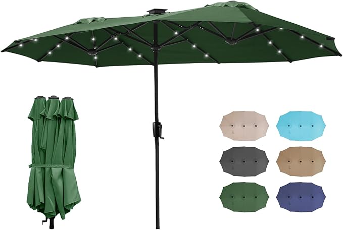 FREE SOLDIER 13ft Patio Umbrella with 36 LED Solar Lights Double Sided Outdoor Umbrella for Patio Table Umbrella with Solar lights for Garden Yard Pool (Dark Green)