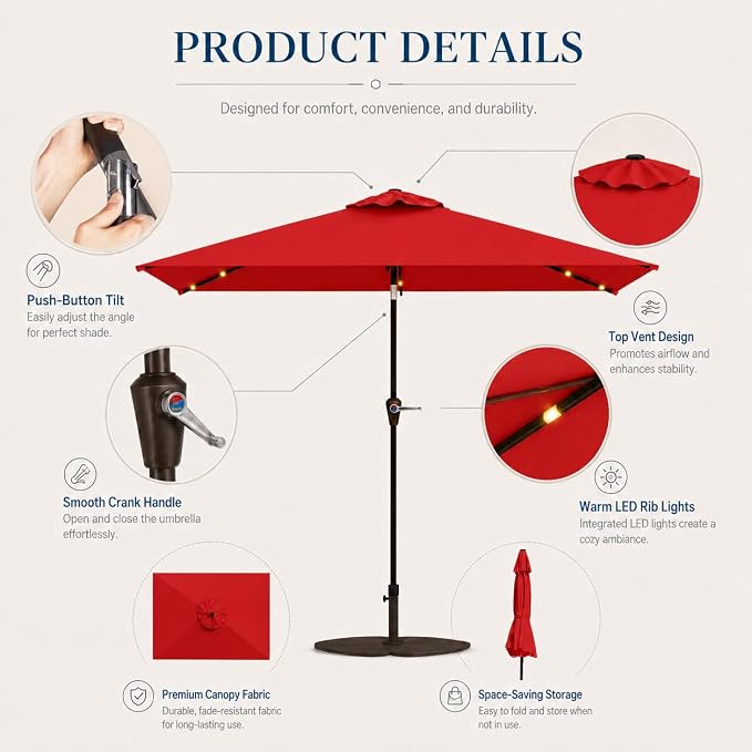 6.5 x 10ft Rectangular Patio Umbrella with Solar Lights, 16 LED Lighted Market Umbrella with Push-Button Tilt and Crank, 6 Sturdy Iron Ribs for Garden, Deck, Pool, Red