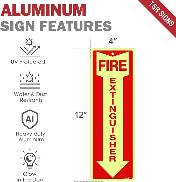 T&R Fire Extinguisher Metal Sign - 4 Pack - 12"x4" .040 Rust Free Heavy Aluminum Glow-In-The-Dark, Waterproof, Weatherproof and Fade Resistant, 2 pre-drilled holes, Easy to Install Indoors and Outdoors
