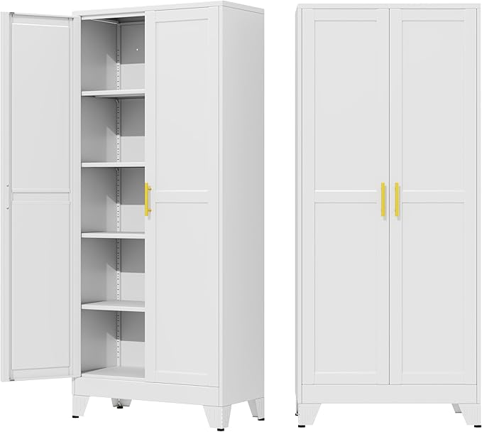 71" Metal Garage Storage Cabinet with 2 Doors and 4 Adjustable Shelves,Metal Storage Cabinets,Steel Tool Cabinets for Home,Office,Garage,Warehouse (White, 71''H x 29''W x 14''D)