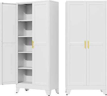 71" Metal Garage Storage Cabinet with 2 Doors and 4 Adjustable Shelves,Metal Storage Cabinets,Steel Tool Cabinets for Home,Office,Garage,Warehouse (White, 71''H x 29''W x 14''D)