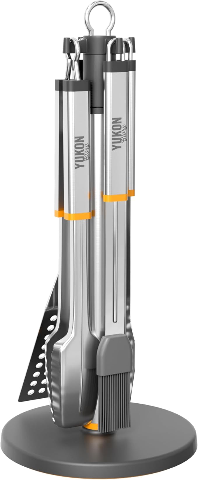 Yukon Glory BBQ Tool Set with Rotating Stand, Grill Station Organizer | 360-degree rotation, compact storage, carry handle and catch tray. Dishwasher safe.