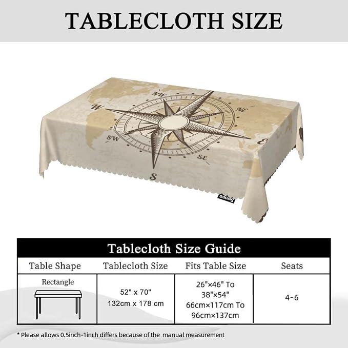 Swono Compass Rectangular Tablecloth Old World Map Nautical Compass Washable Table Cloth Kitchen Dining Room Table Cover for Party Dinner 50x72 Inch Tablecloths