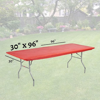 10 Pack of Rectangular Plastic Table Covers - 6' Foot or 8' Foot Options - Indoor or Outdoor Fitted Table Covers (Table NOT Included) (Red, 30" x 96" (8' ft))
