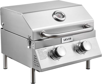 VEVOR Tabletop Gas Grill, 2-Burner Stainless Steel Portable Propane Grill, with Built-in Thermometer, Travel Locks, Weatherproof Lid, 15,000 BTU Total, for Outdoor Cooking, Patio, Party, Camping, RV