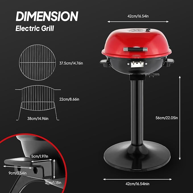 ROVSUN 1600W Vertical Electric Grill with Lid, Red 304 Stainless Steel Grill w/Detachable Pull-out Drip Tray, Double Layer Design, Portable & Removable, for Indoor and Outdoor Use