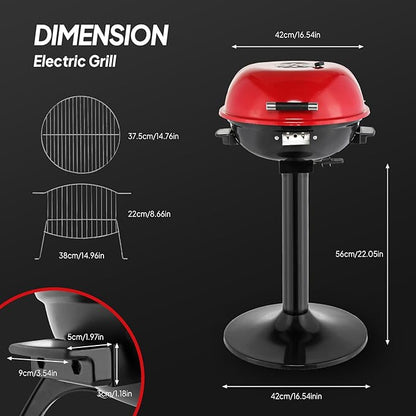 ROVSUN 1600W Vertical Electric Grill with Lid, Red 304 Stainless Steel Grill w/Detachable Pull-out Drip Tray, Double Layer Design, Portable & Removable, for Indoor and Outdoor Use